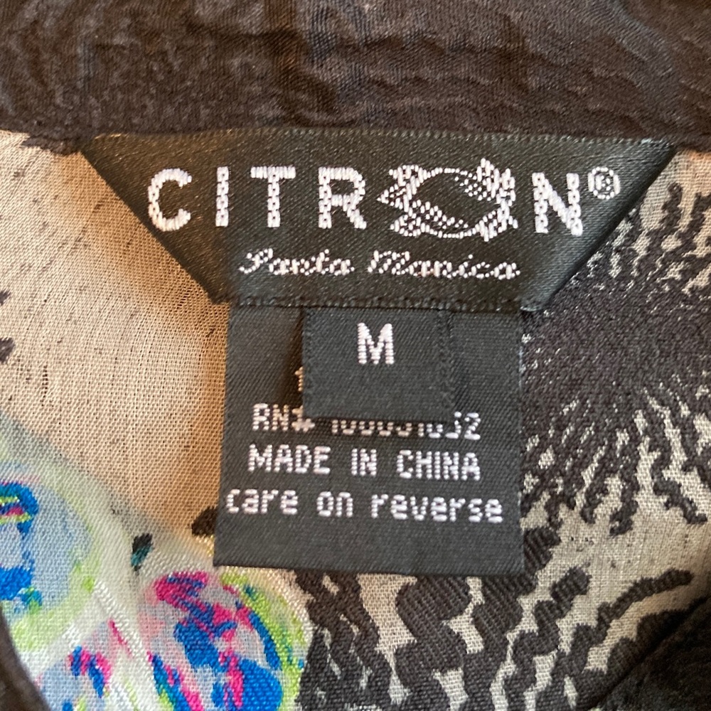 Citron Santa Monica Silk Button Shirt Blouse Medium Black Green Yellow Floral - Picture 7 of 10